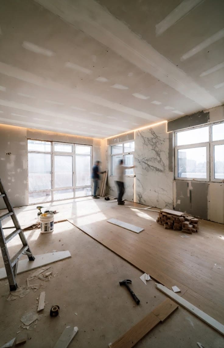 Personal realizando trabajos de acabado en un espacio interior