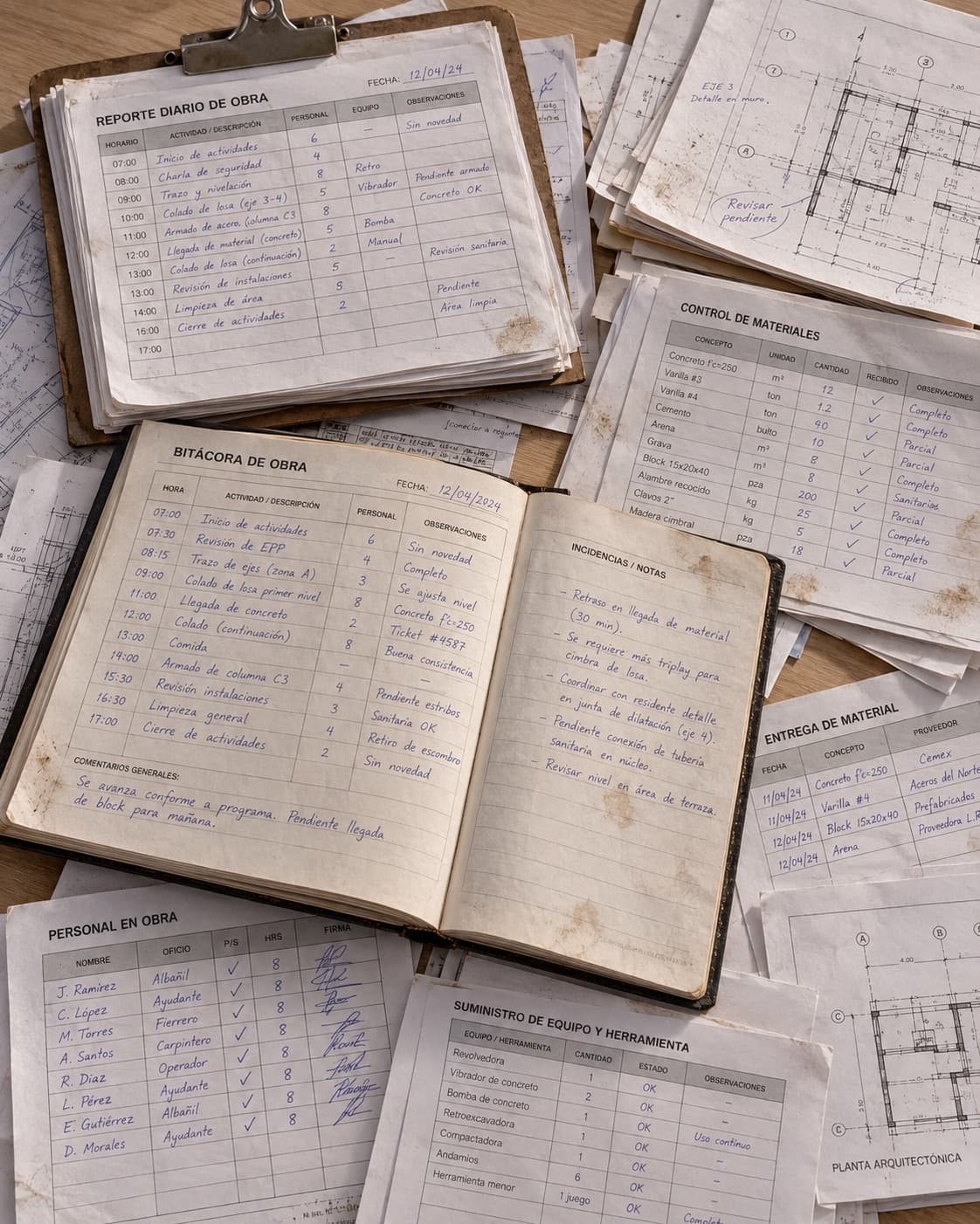Bitácora de obra en papel con reporte diario, control de materiales, lista de personal y planos sueltos