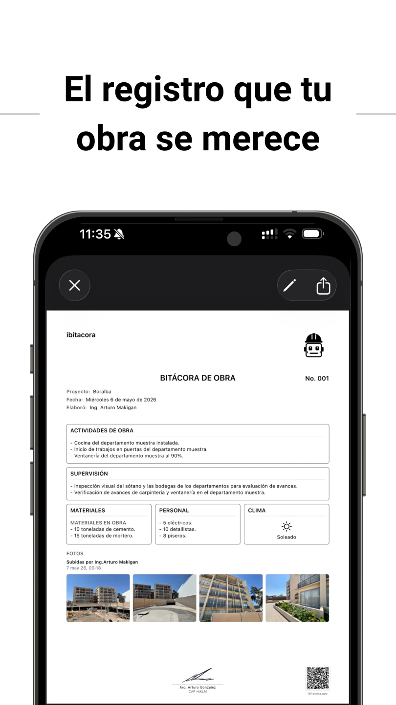 Bitácora de obra con IA en PDF, con fotografías, firma digital y código QR