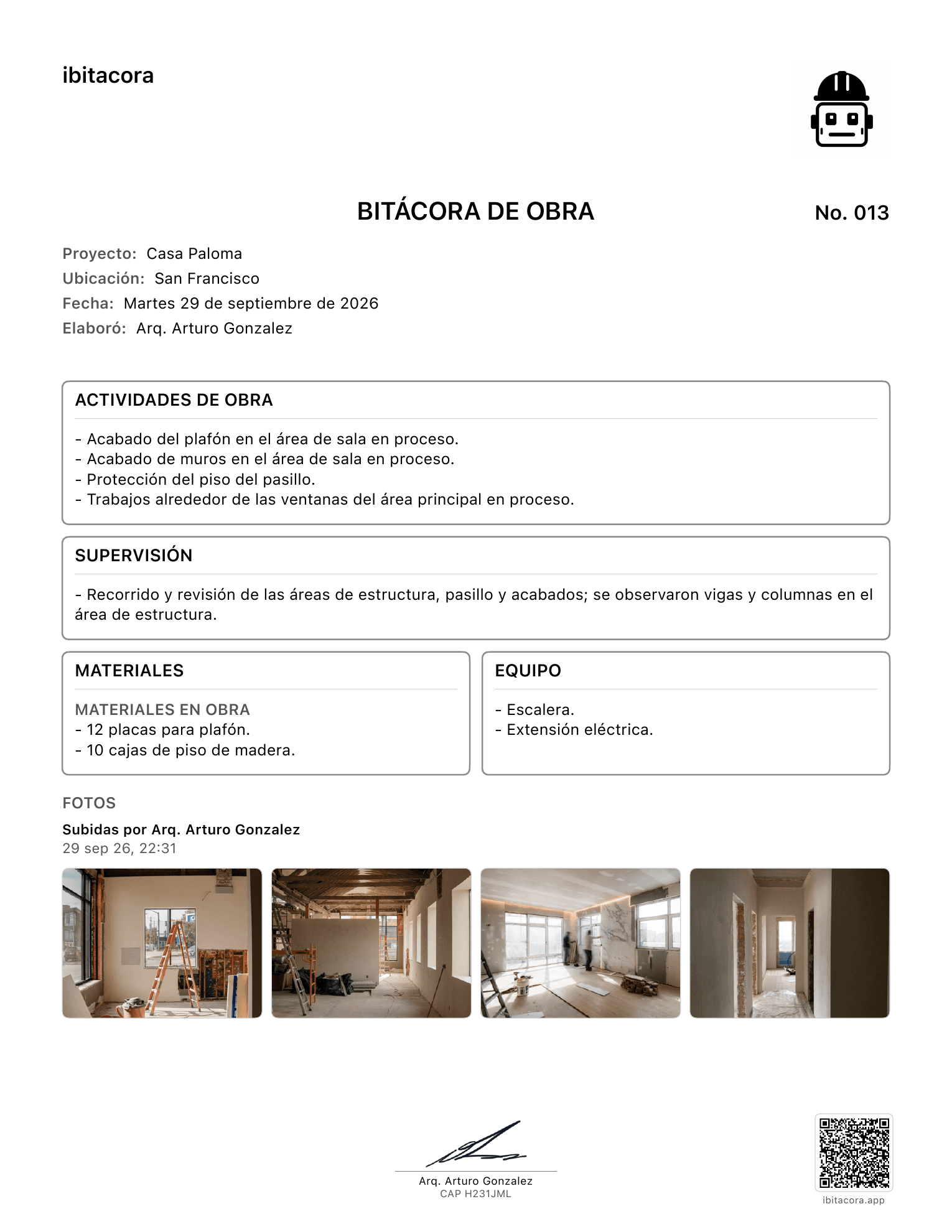 Primera página de una bitácora digital de obra con fotografías y actividades organizadas